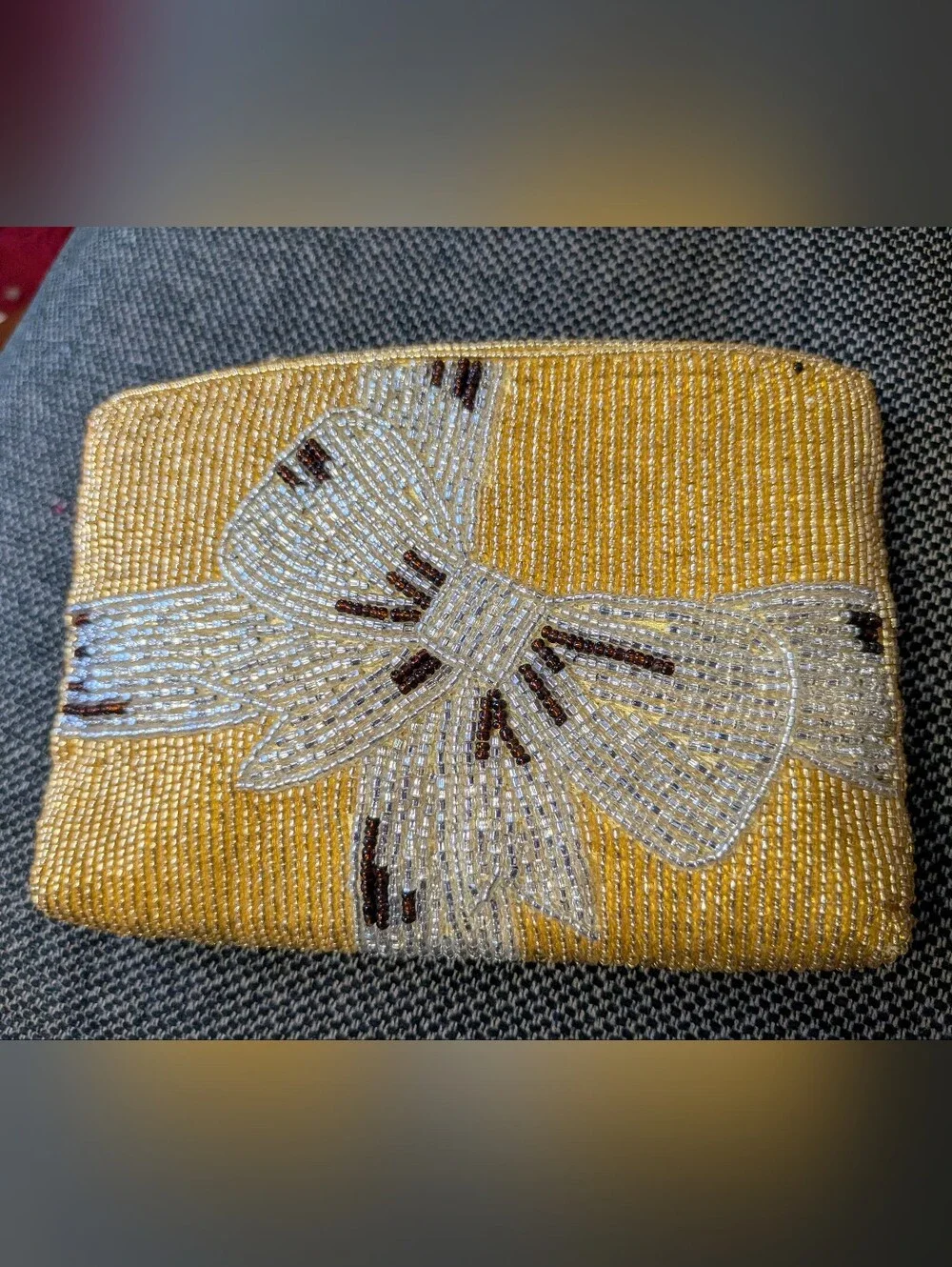 Vintage Neiman Marcus Hand Beaded Yellow Clutch Purse White Bow Evening Bag 6in